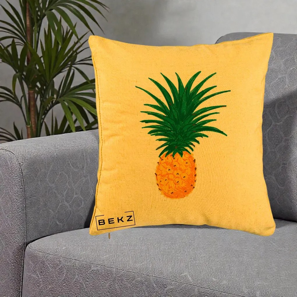 Perna Decorativa Ananas Tropical, 40x40 cm, Galben, Husa Detasabila, Perna Inclusa, BEKZ®