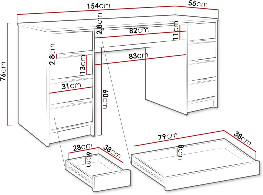 BIA8 - Birou 154 cm, masa de calculator cu 9 sertare, office - Alb / Negru / Crem / Alb Lucios / Gri / Culoarea Stejar