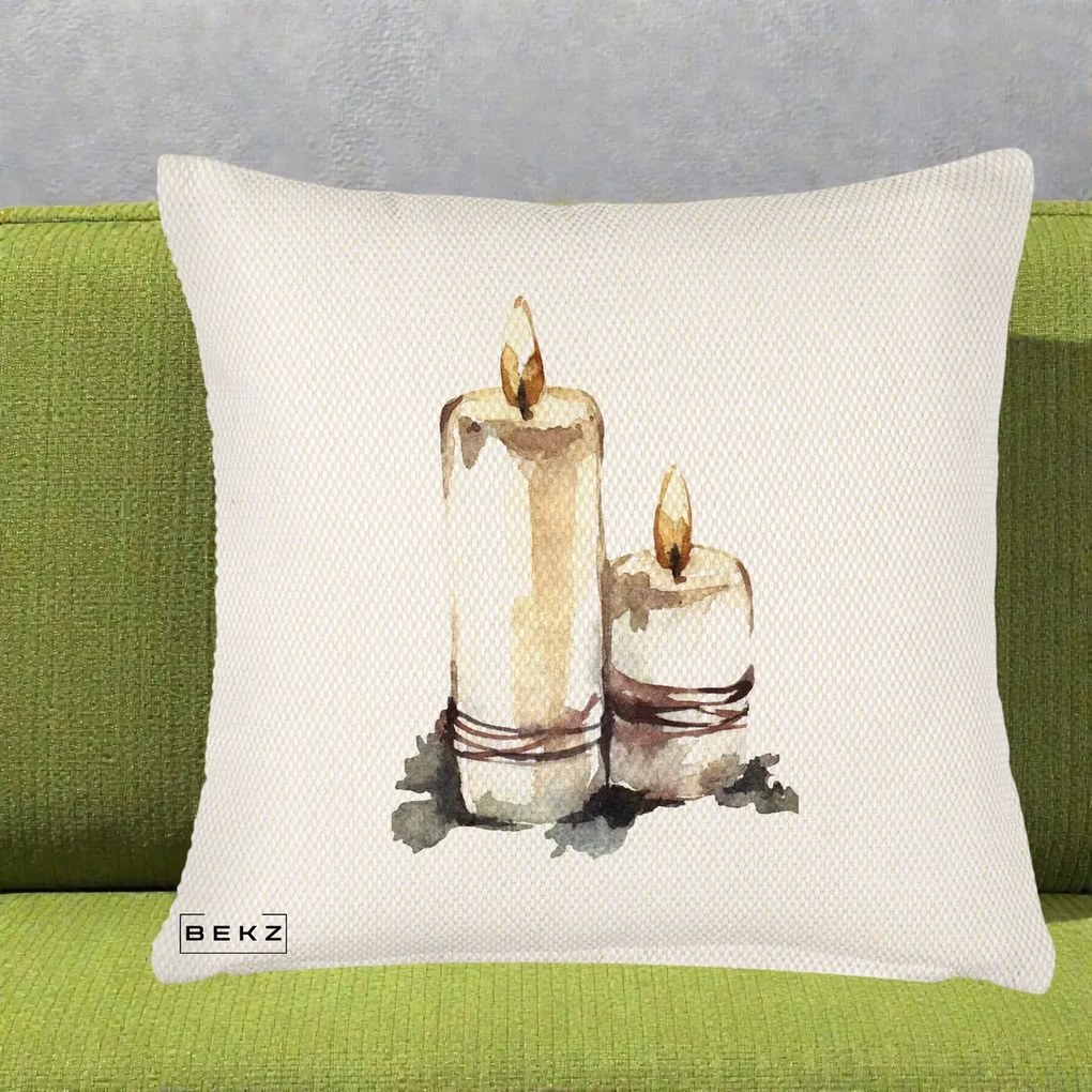 Perna Decorativa Lumanari Acuarela Iarna, 40x40 cm, Crem Reliefat, Husa Detasabila, Perna Inclusa, BEKZ®