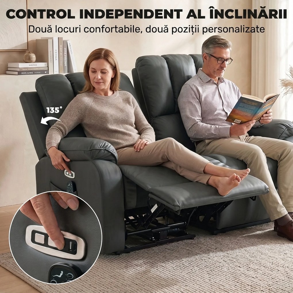 HOMCOM Canapea Reclinabilă Electrică 2 Locuri 135° cu Masaj și Încălzire, Material cu Aspect de Piele, Gri Închis | Aosom Romania
