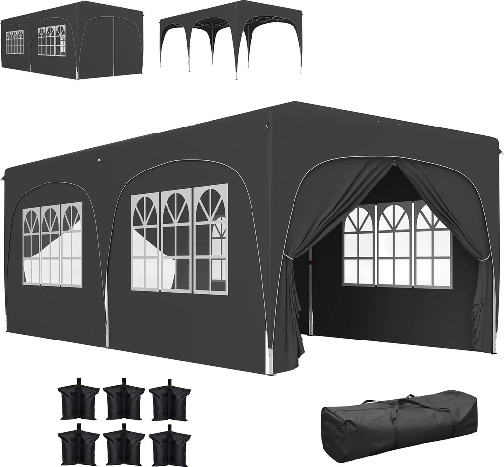 Outsunny Tonelă pliabilă 3 x 6 m Pop-Up, UPF50+ Înălțime reglabilă, cu sac de transport și saci de nisip, gri închis | Aosom Romania