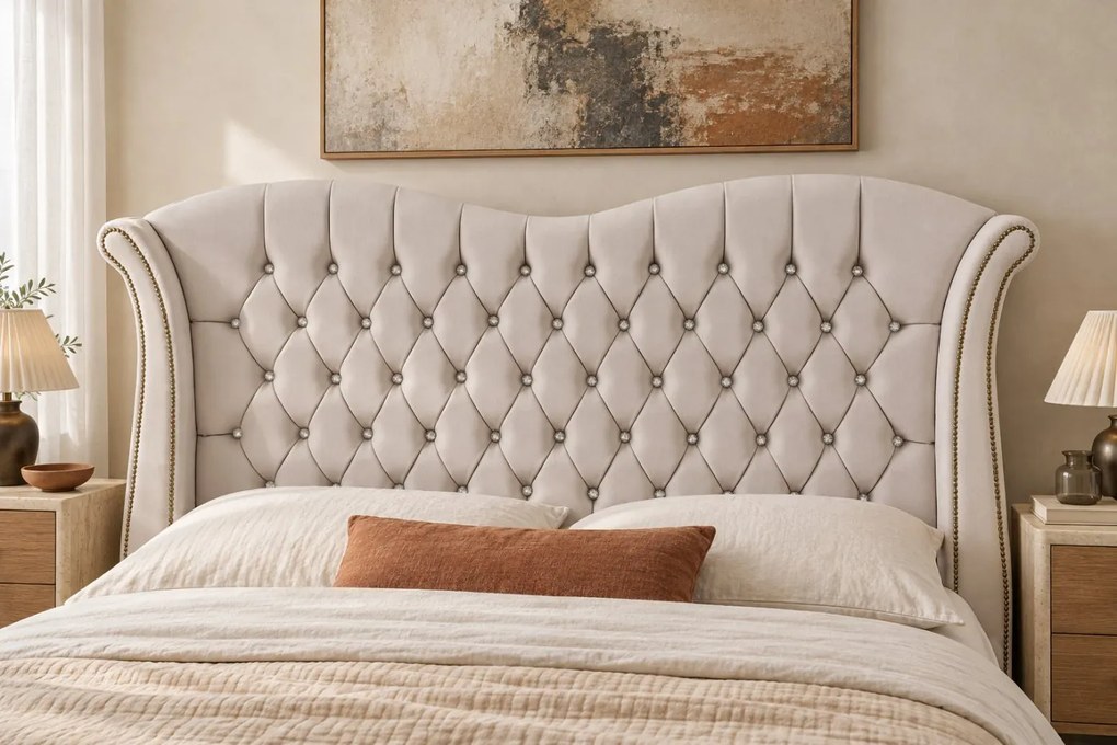 Pat tapițat Chesterfield Avella 140×200 cm, crem, cu ladă de depozitare