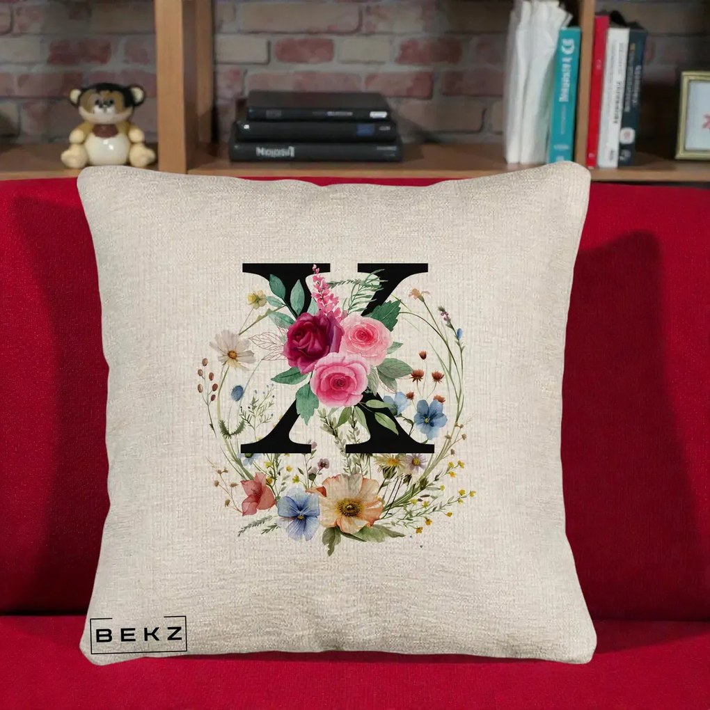 Cadou Personalizat - Perna Personalizata Monograma Florala Litera X cu Coroana, 40x40 cm, Bej Canapea, Husa Detasabila, Perna Inclusa, BEKZ®