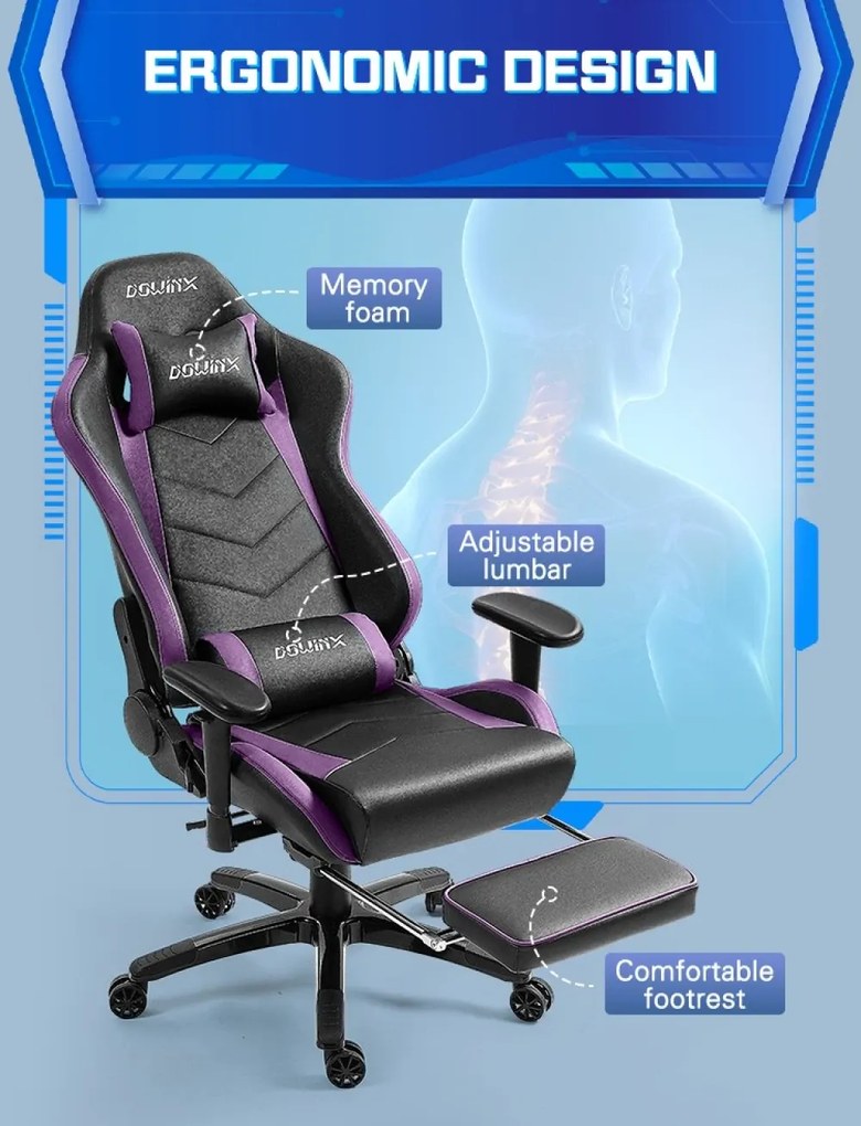 DOWINX Scaun gaming, ergonomic, suport lombar cu masaj, spătar rabatabil 90-180°, cotiere reglabile, suport pentru picioare, rezistent 150 kg, piele PU, Negru/Violet