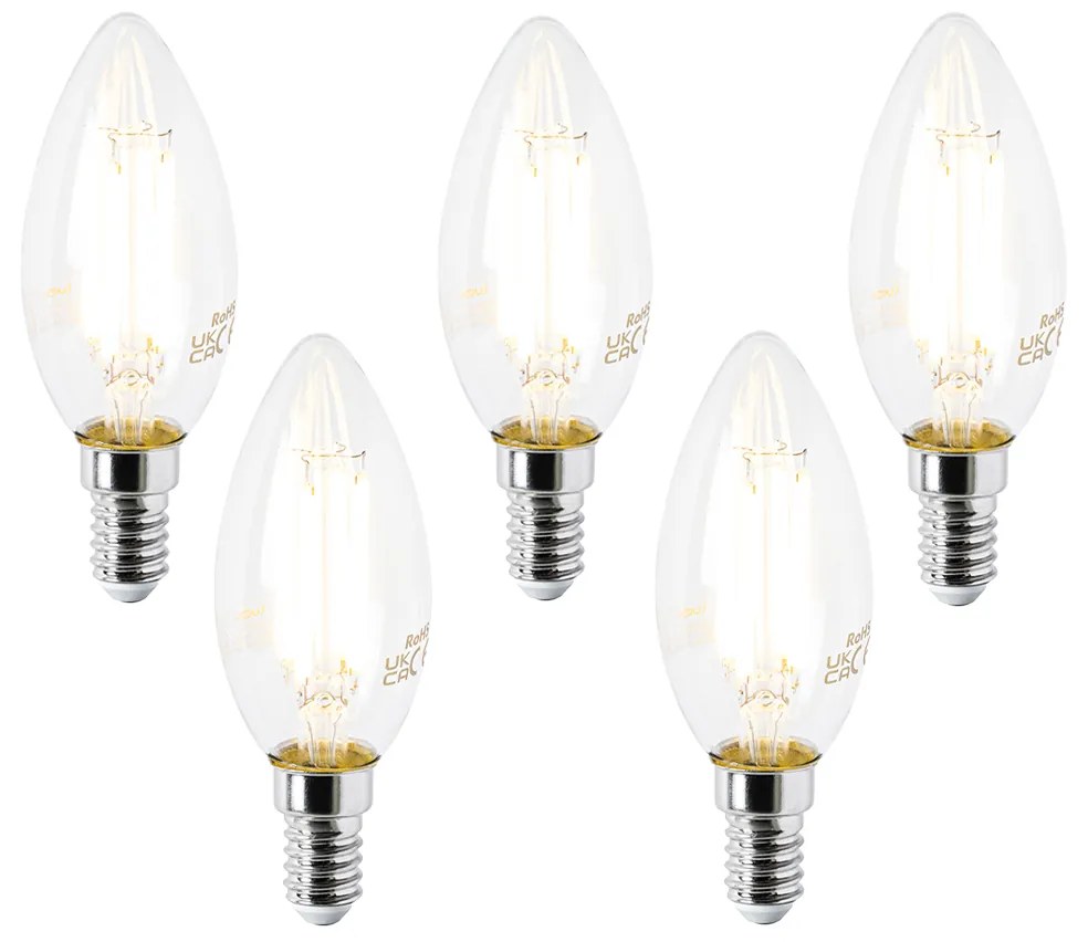 Set de 5 becuri LED E14 B35 transparente 2.2W 470lm 2700K