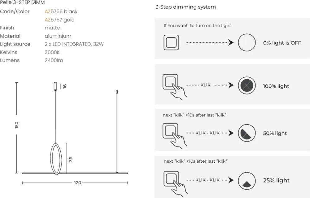 Lustra moderna aurie LED PELLE 3-STEP DIMM