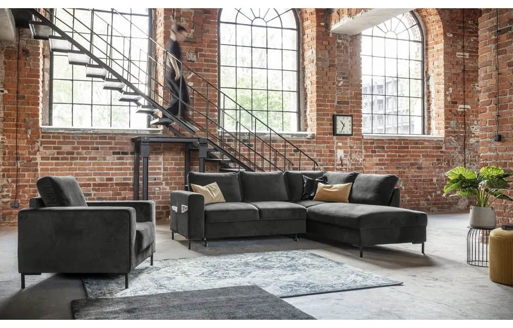 Colțar gri închis extensibil cu tapițerie din catifea (cu colț pe partea dreaptă) Lofty Lilly – Miuform