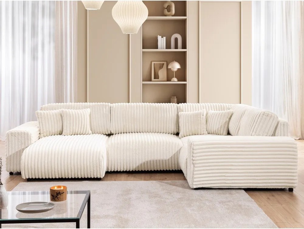 Colțar crem cu tapițerie din catifea reiată (cu colț pe partea dreaptă/în formă de "U") Justin – Ropez
