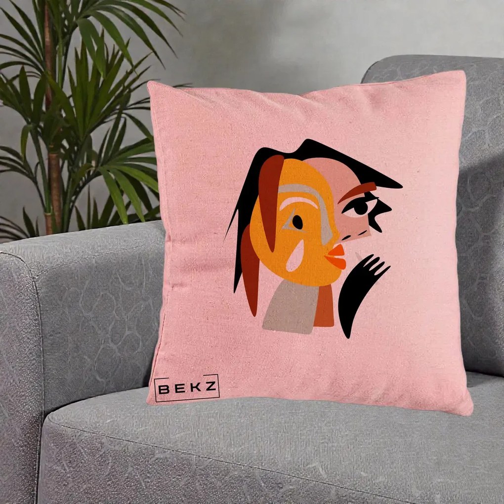 Perna Decorativa Portret Abstract Galben-Ocru, 40x40 cm, Roz, Husa Detasabila, Perna Inclusa, BEKZ®