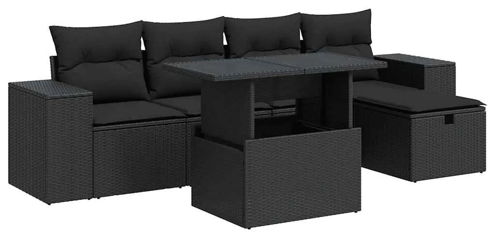 3327925 vidaXL Set mobilier de grădină cu perne, 6 piese, negru, poliratan