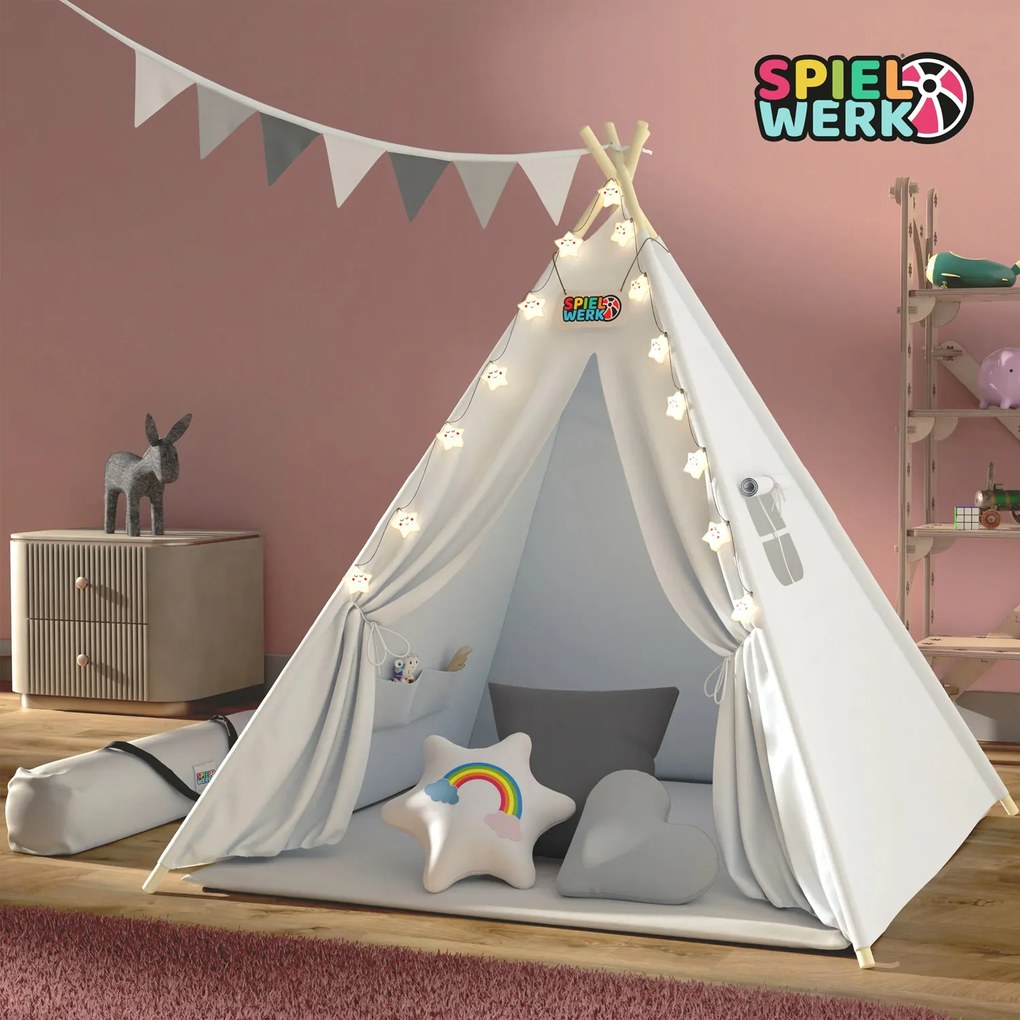 Cort tip teepee pentru copii JULIUS, 120x120x160cm, alb/gri Jurhan