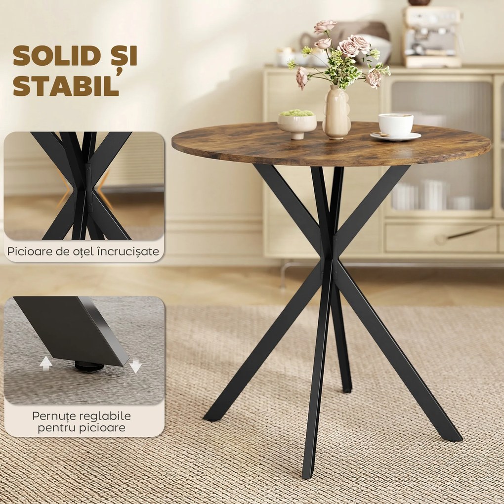 HOMCOM Masă rotundă de dining în stil industrial, cu picioare în cruce din oțel, Ø80x75 cm, maro rustic | Aosom Romania