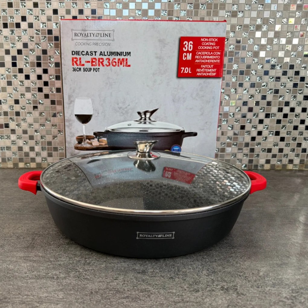 Cratiță marmorată cu capac 36 cm, 7L – Royalty Line RL-BR36CM, antiaderentă, ideală pentru gătit în familie