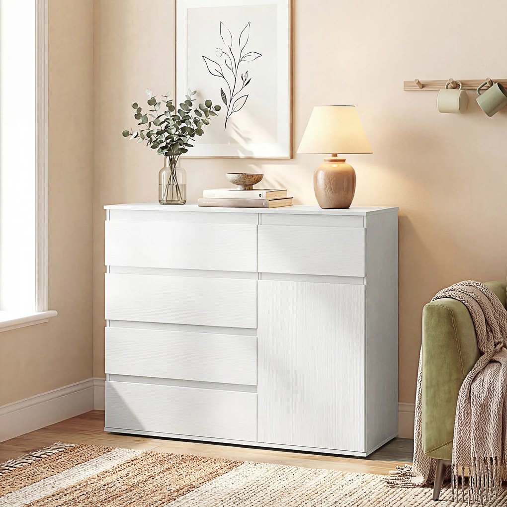 HOMCOM Bufet living, mobilier de depozitare cu 5 sertare, poliță reglabilă și ușă cu închidere silențioasă, 100 x 40 x 80 cm, alb | Aosom Romania