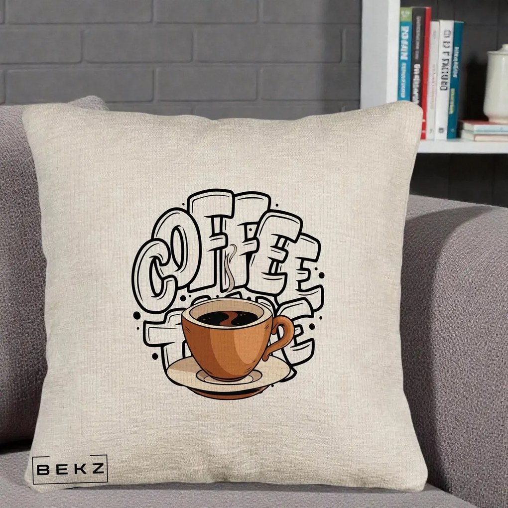 Perna Personalizata COFFEE cu Cana, 40x40 cm, Bej Canapea, Husa Detasabila, Perna Inclusa, BEKZ®