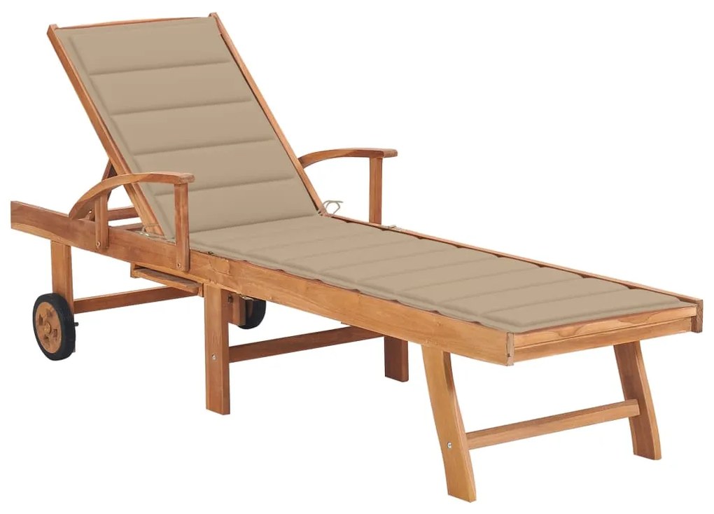 vidaXL Șezlong cu pernă bej, lemn masiv de tec