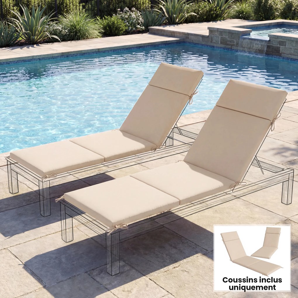 Outsunny Set de 2 perne pentru șezlong, pernă de soare cu 6 prinderi, rezistență UV, 183x53,5x6,5cm, crem | Aosom Romania