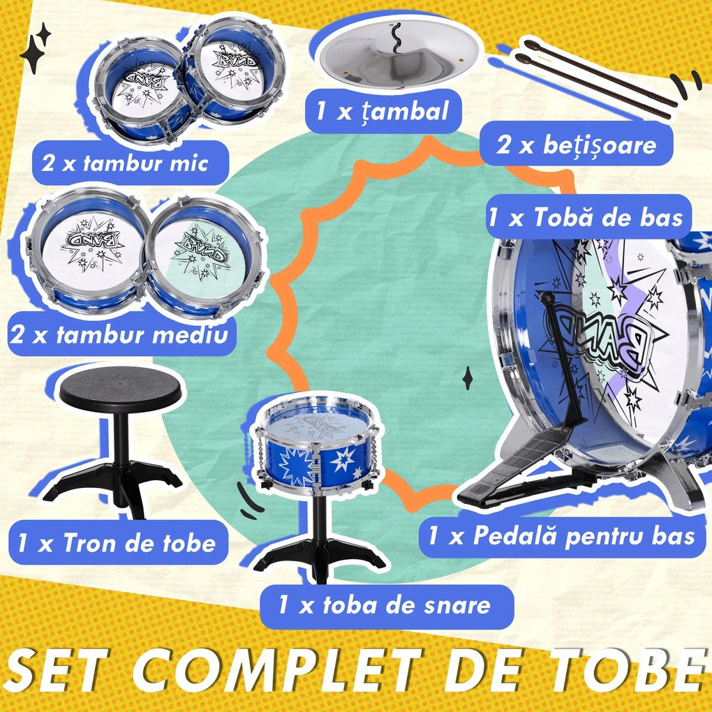 AIYAPLAY Set de Tobe cu Pedală, Tobe Medii și Mici, Ciocan și Scaun pentru Copii de 3-6 Ani, 65x22x57 cm, Albastru | Aosom Romania