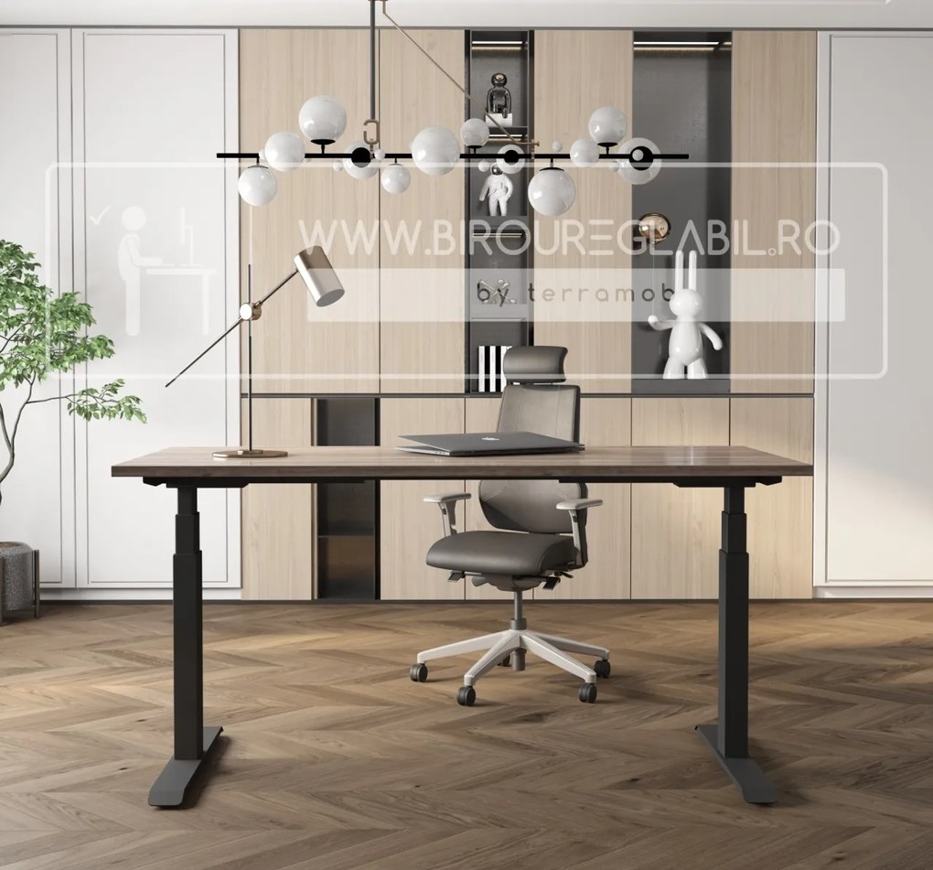 Birou reglabil pe inaltime TerrA7 BLACK- 2 motoare, profil dreptunghiular, Negru (Dimensiune blat: 137x67 cm, Culoare blat: Negru 25mm)