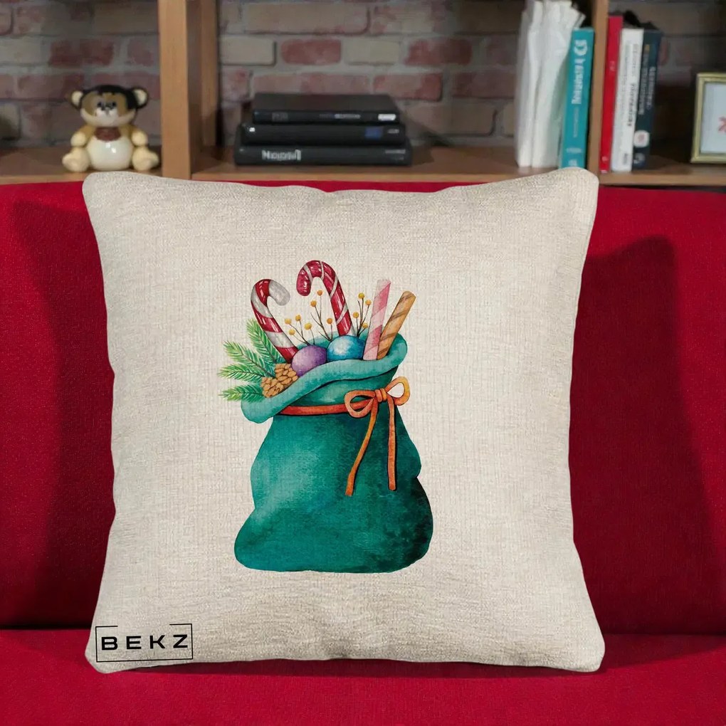 Perna Decorativa Saculet Cadouri Mos Craciun Acuarela Verde, 40x40 cm, Bej Canapea, Husa Detasabila, Perna Inclusa, BEKZ®