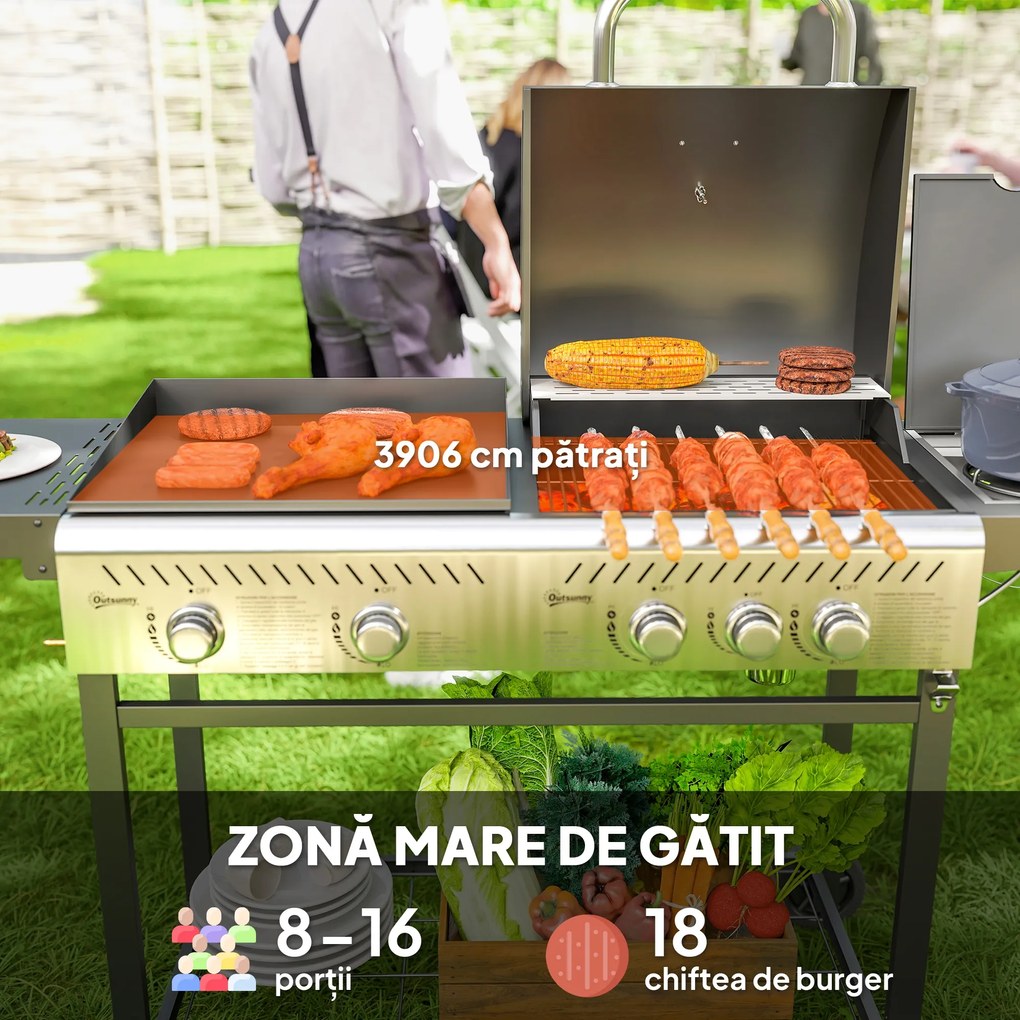 Outsunny Grătar pe Gaz cu Plită și Arzător, Capac cu Termometru Negru | Aosom Romania