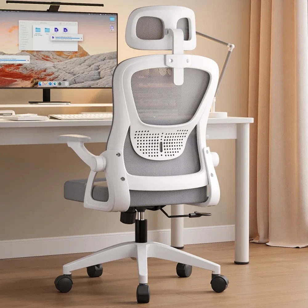 Scaun ergonomic, reglaje multiple, suport lombar, tetieră ajustabilă, Alb/Gri