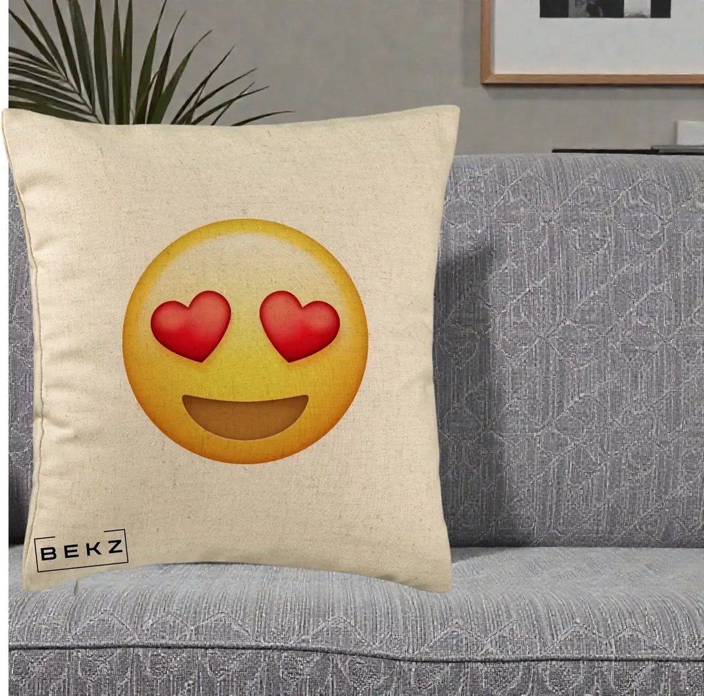 Perna Decorativa Emoji Inimi in Ochi, 40x40 cm, Bej, Husa Detasabila, Perna Inclusa, BEKZ®