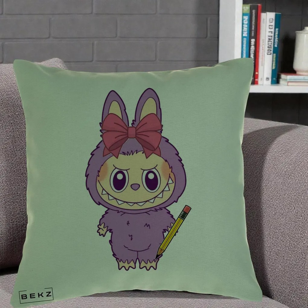 Perna Personalizata Labubu Mov cu Funda Rosie si Creion, 40x40 cm, Verde, Husa Detasabila, Perna Inclusa, BEKZ®