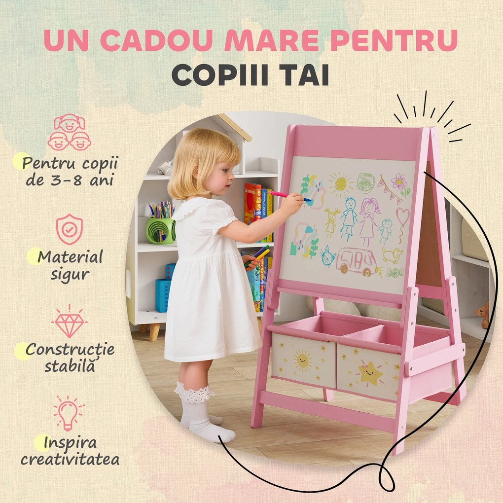 AIYAPLAY Tablă de desen pentru copii 3 în 1 cu rolă de hârtie și 2 coșuri Roz | Aosom Romania