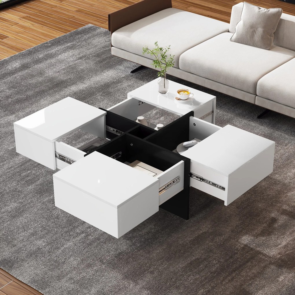 Elegantă măsuță de cafea lucioasă cu 4 sertare, compartiment de depozitare integrat, 70×70×35 cm, Alb+Negru