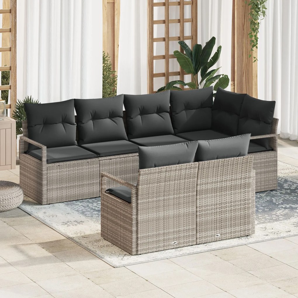 Set de canapele de grădină vidaXL cu 7 piese cu perne gri deschis din ratan poli