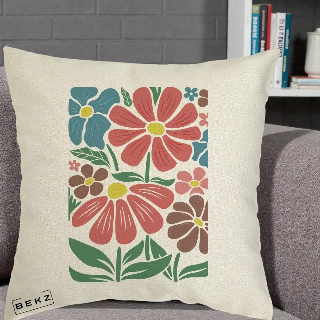 Perna Decorativa Flori Grafice Colorate Retro, 40x40 cm, Ecru, Husa Detasabila, Perna Inclusa, BEKZ®