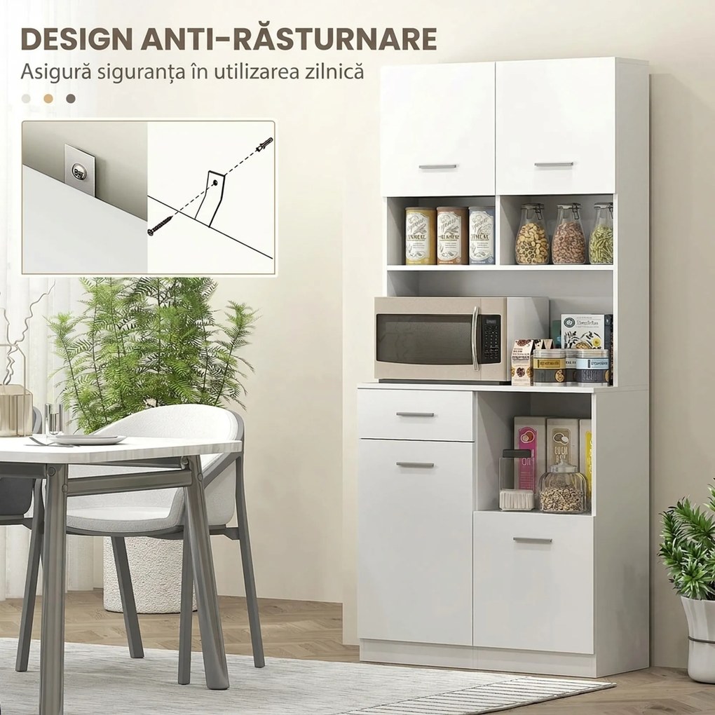 HOMCOM Dulap Înalt pentru Bucătărie cu Sertar, 4 Dulapuri și 3 Spații Deschise, 80x35x180 cm, Alb | Aosom Romania