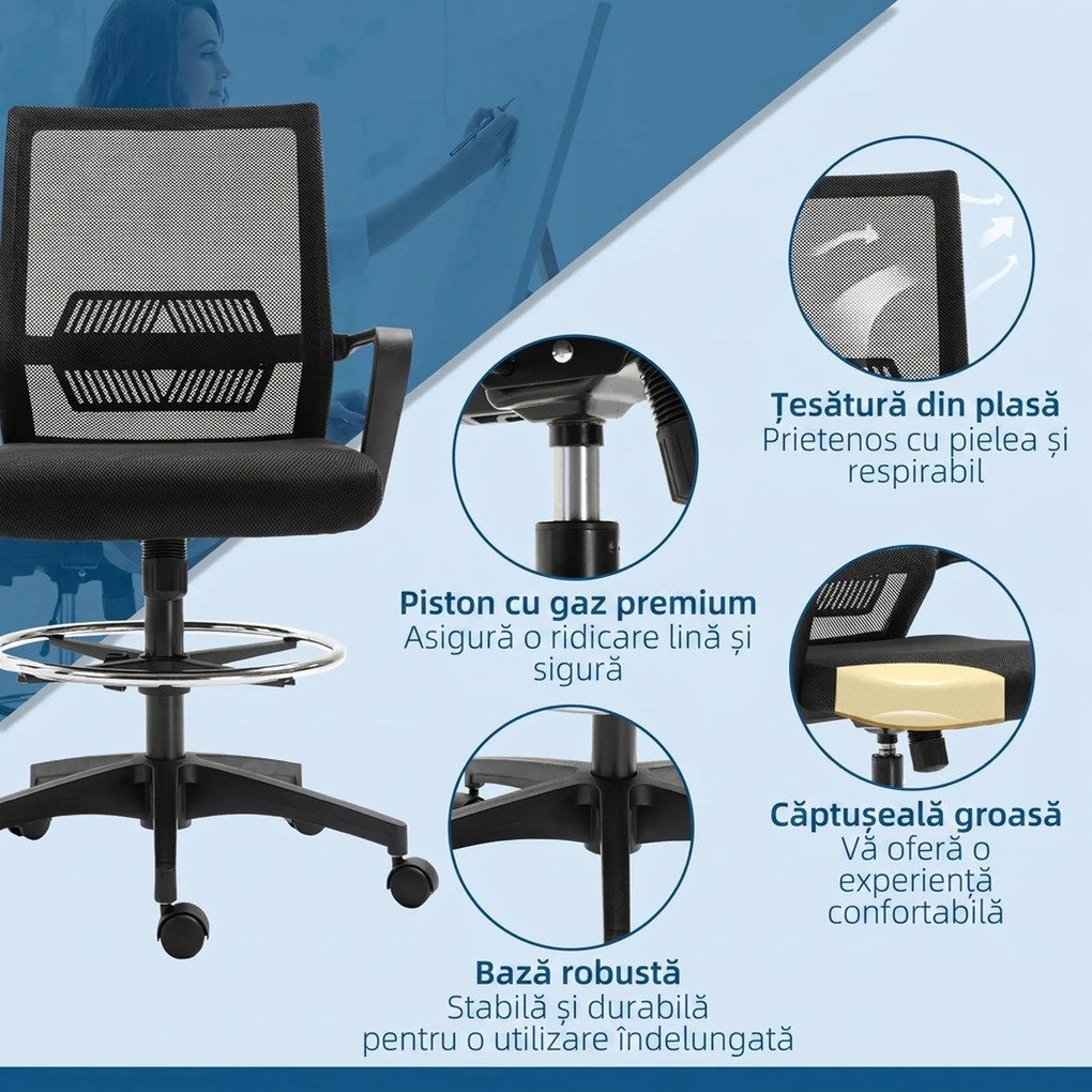 Vinsetto Scaun de Birou Reglabil pe Înălțime cu Suport pentru Picioare, Negru | Aosom Romania
