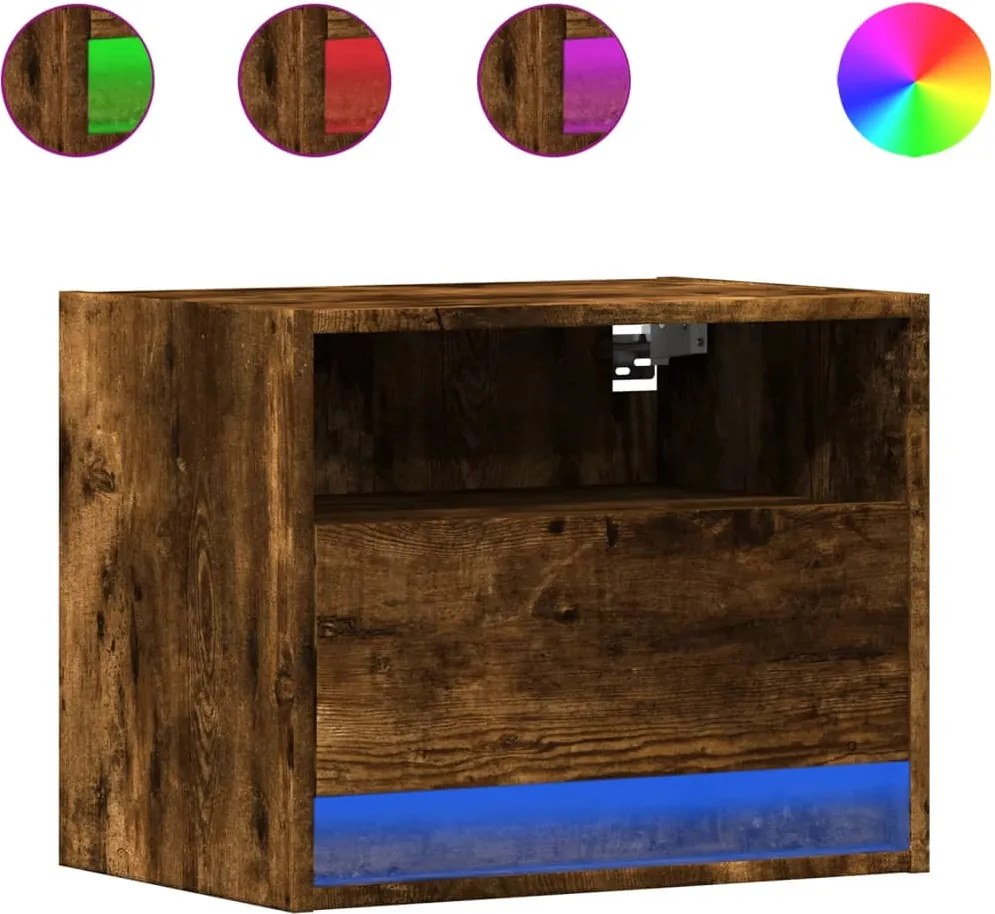 vidaXL Noptieră montată pe perete cu lumini LED, stejar fumuriu