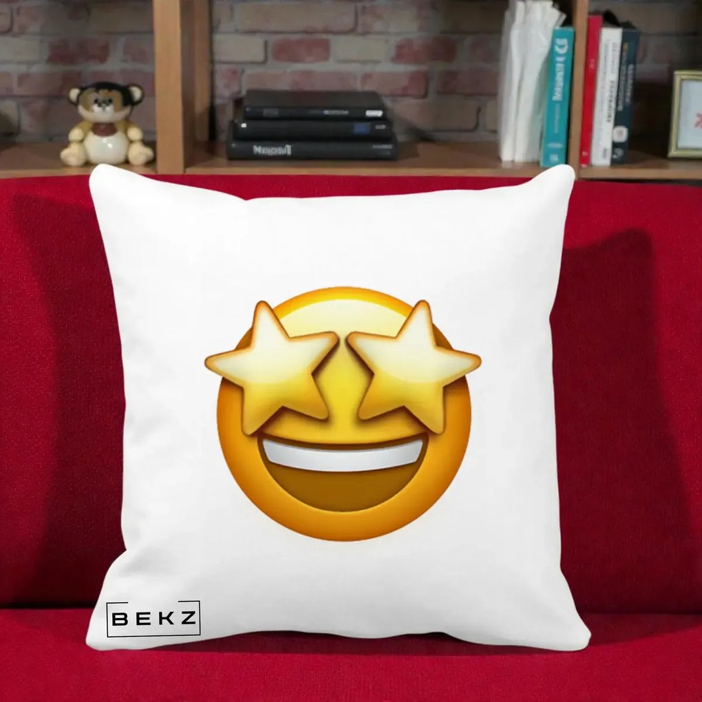 Perna Decorativa Emoji Ochi Stele, 40x40 cm, Alba Mata, Husa Detasabila, Perna Inclusa, BEKZ®
