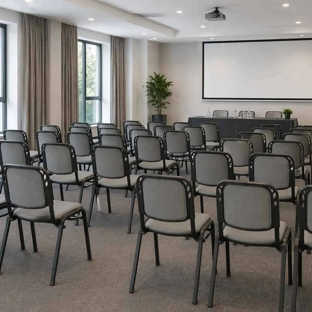 Scaun conferință gri HRC 600 din mesh respirabil cu cadru metalic stivuibil