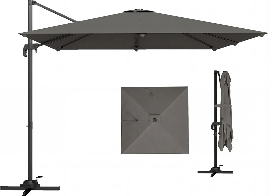 Outsunny Umbrelă de Grădină Decentralizată cu Manivelă 3x3m, Înclinabilă, Rotativă 360°, Umbrelă de Exterior Pătrată cu Bază Cruce, din Aluminiu, pentru Terasă sau Piscină, UV30+, Gri Închis | Aosom Romania