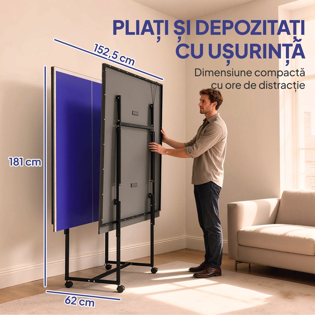 SPORTNOW Masă de Ping Pong Pliabilă cu Roți, Plasă și Palete pentru Interior | Aosom Romania