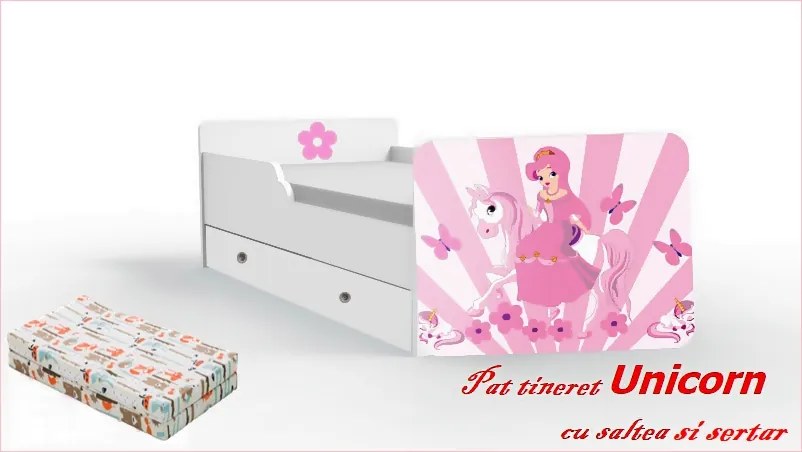 Pat tineret Unicorn cu saltea si sertar