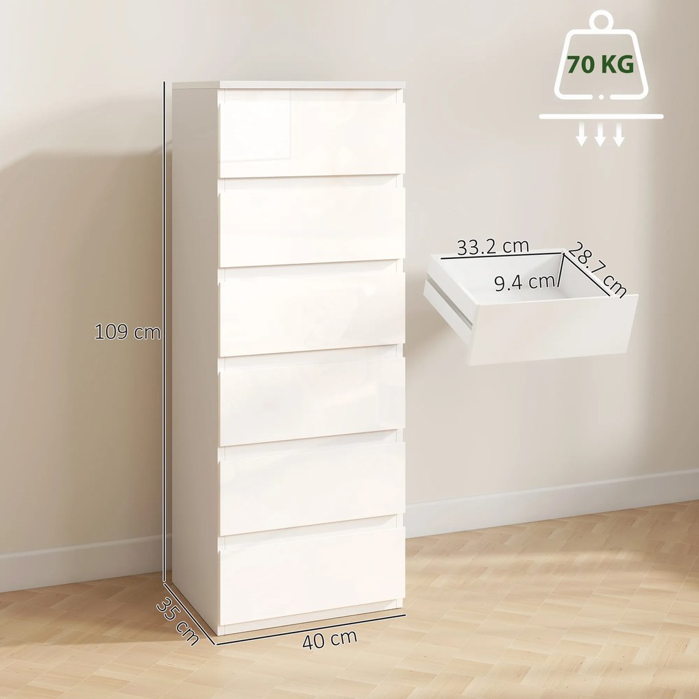 HOMCOM Comodă 6 sertare cu luciu înalt, mobilier de depozitare îngust fără mânere, 40 x 35 x 109 cm, alb | Aosom Romania