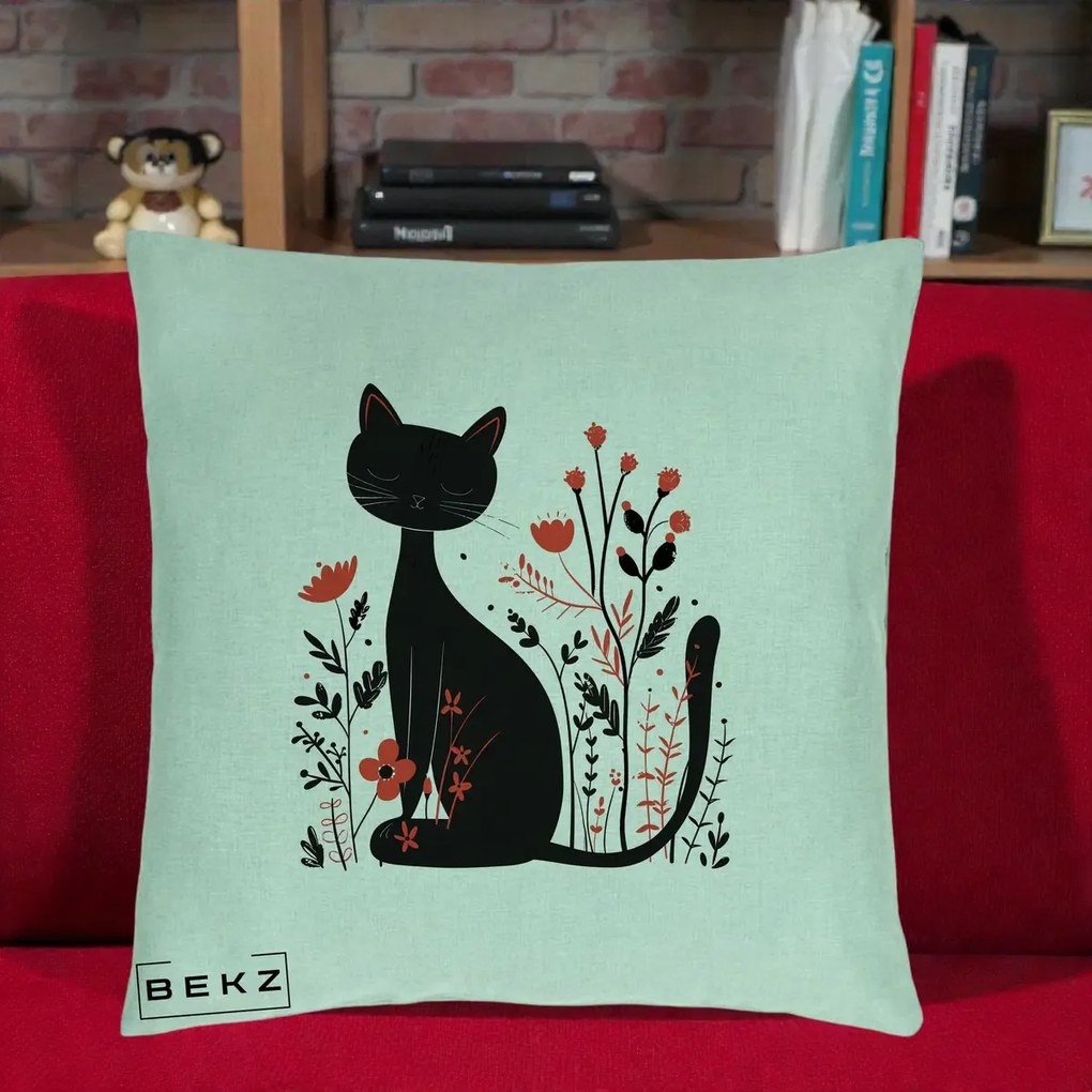 Perna Decorativa Pisica Neagra Flori Rosii Folk Minimal, 40x40 cm, Verde Menta, Husa Detasabila, Perna Inclusa, BEKZ®
