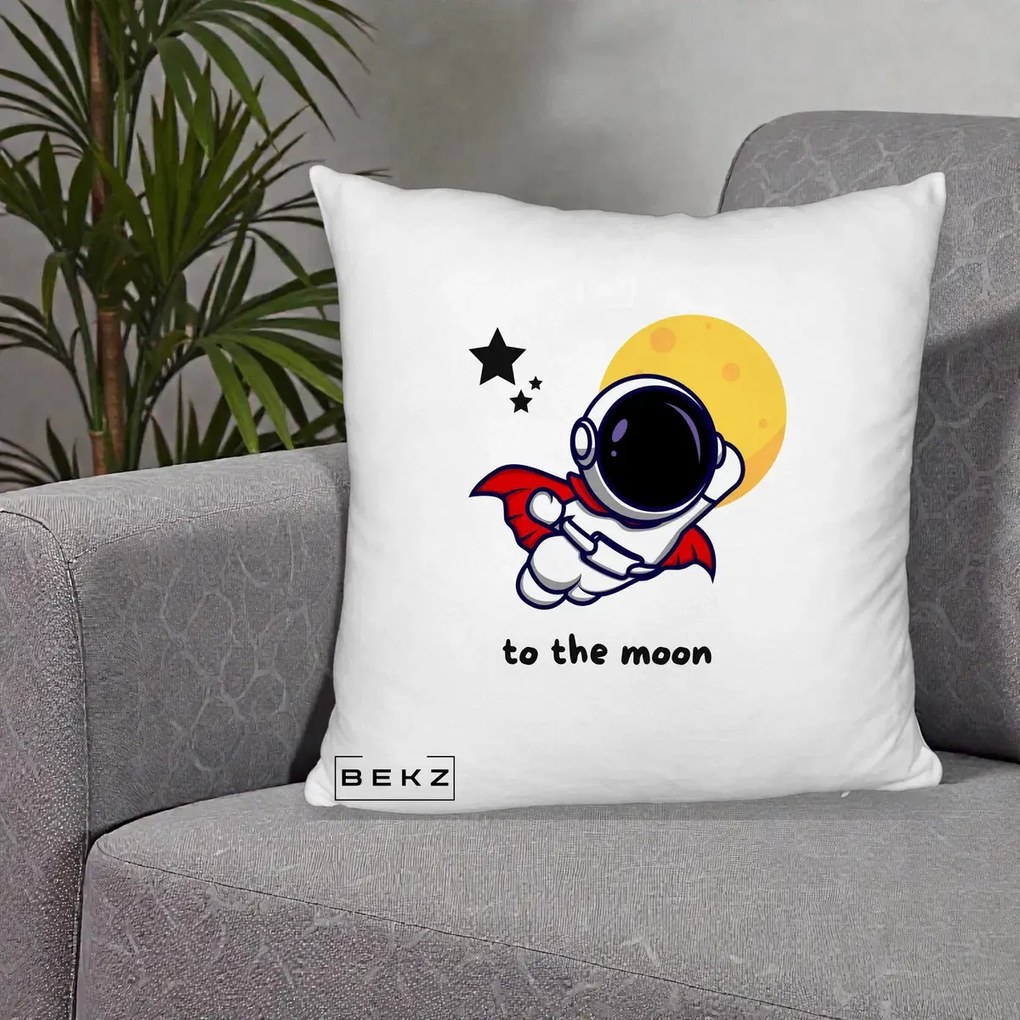 Perna Decorativa Astronaut To The Moon, 40x40 cm, Alb Pufos, Husa Detasabila, Perna Inclusa, BEKZ®