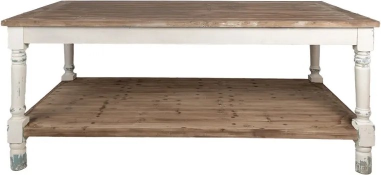 Masă de prezentare shabby chic din lemn, natur, cu raft inferior și picioare strunjite, finisaj alb antichizat, 85 x 200 x 100 cm, „Clarisse”