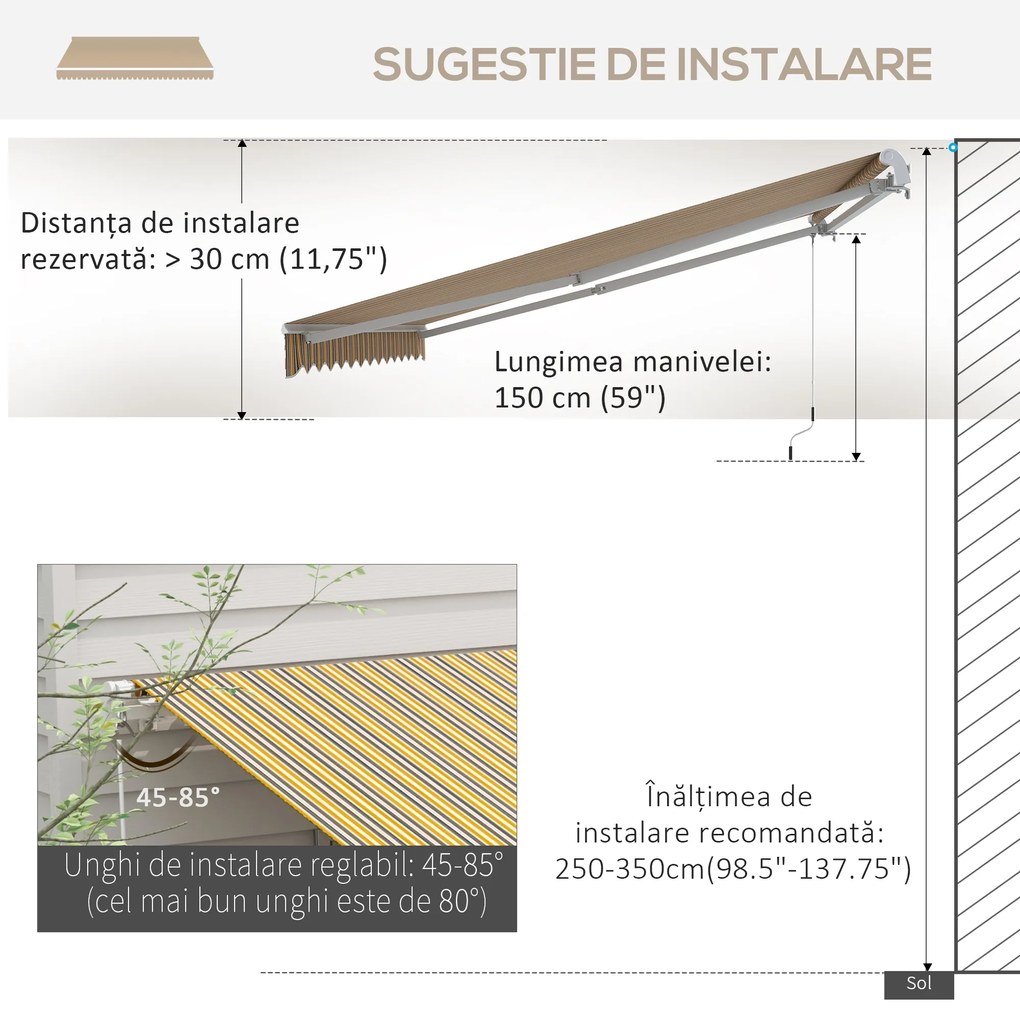 Outsunny Copertină Pliabilă pentru Exterior, Copertină Tip Roll-Up cu Deschidere Manivelă, 350x250 cm, Galben | Aosom Romania
