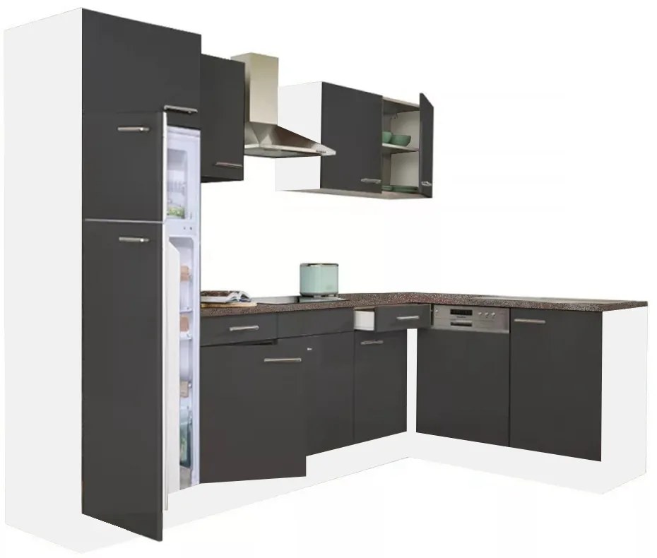 Dulap de bucătărie de colț Yorki 280 cu corp alb, față antracit satinat și frigider cu congelator superior