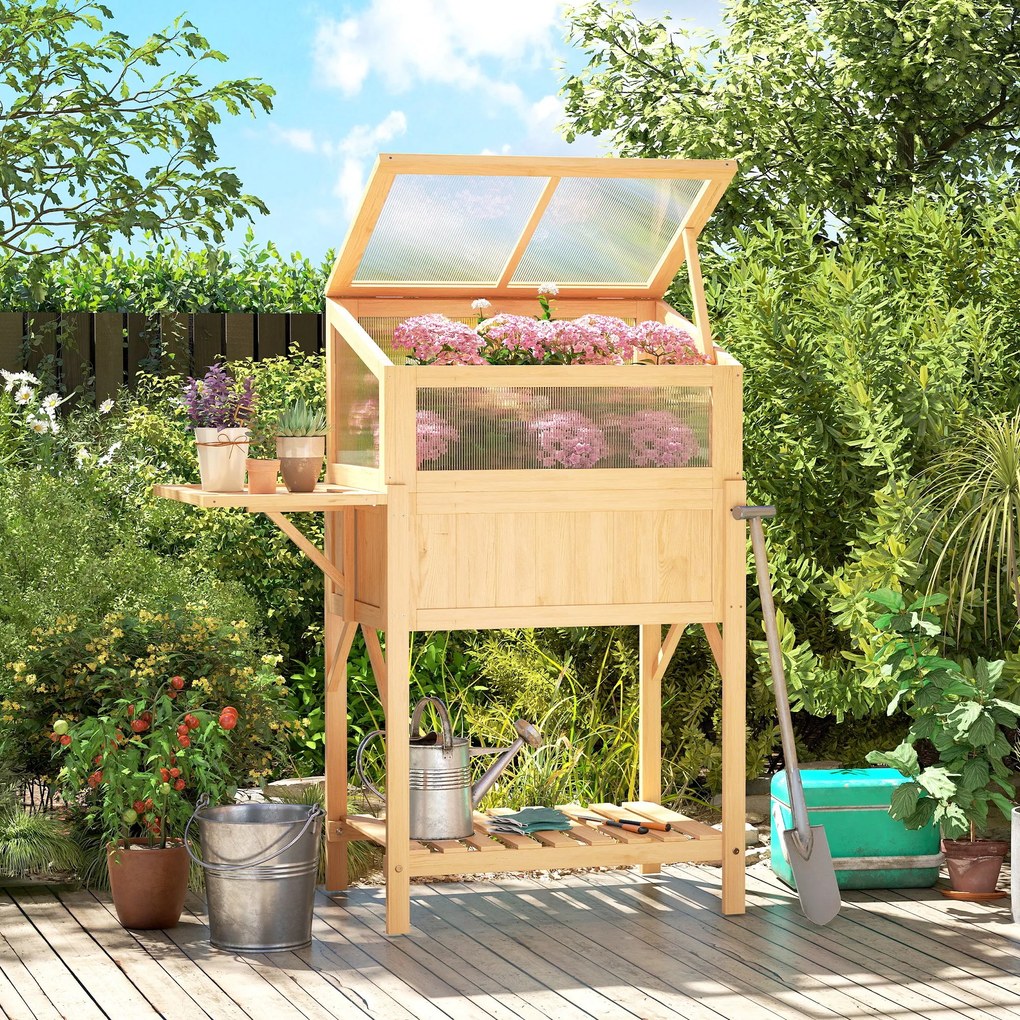 Outsunny Pat înălțat cu capotă pentru mini-seră din lemn jardinieră cu seră pliabilă masă laterală raft lemn natural | Aosom Romania