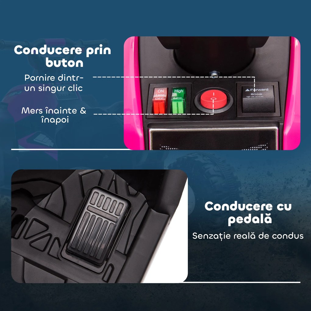HOMCOM ATV Electric pentru Copii cu Motor Dublu și 2 Viteze, Roți, Faruri LED, Claxon și Muzică, 83x53x55.5 cm, Roz | Aosom Romania