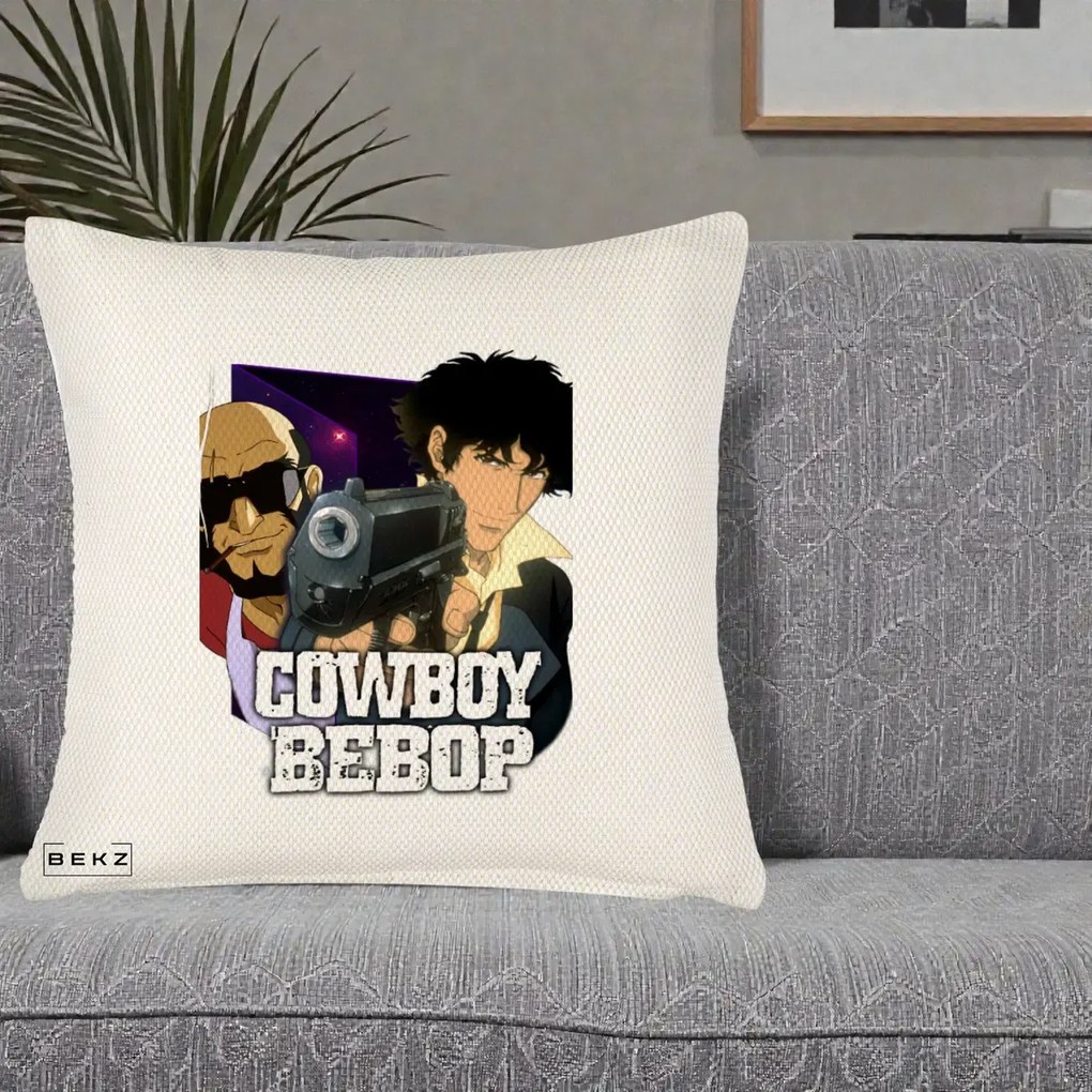 Perna Personalizata Cowboy Bebop Spike si Jet Poster, 40x40 cm, Crem Reliefat, Husa Detasabila, Perna Inclusa, BEKZ®