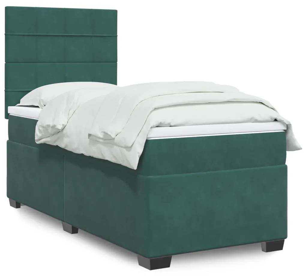 3290789 vidaXL Pat box spring cu saltea, verde închis, 90x190 cm, catifea